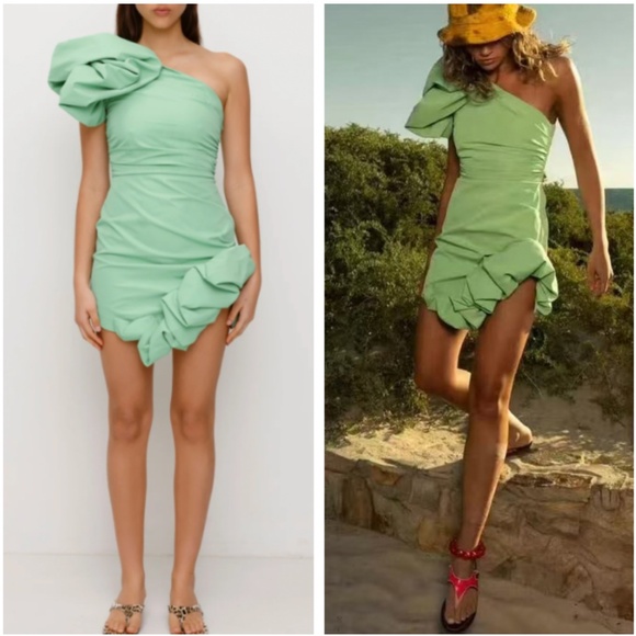 NEW The Wolf Gang Octavia Mini Dress - Sage Green Cocktail Party One Shoulder - Picture 1 of 13